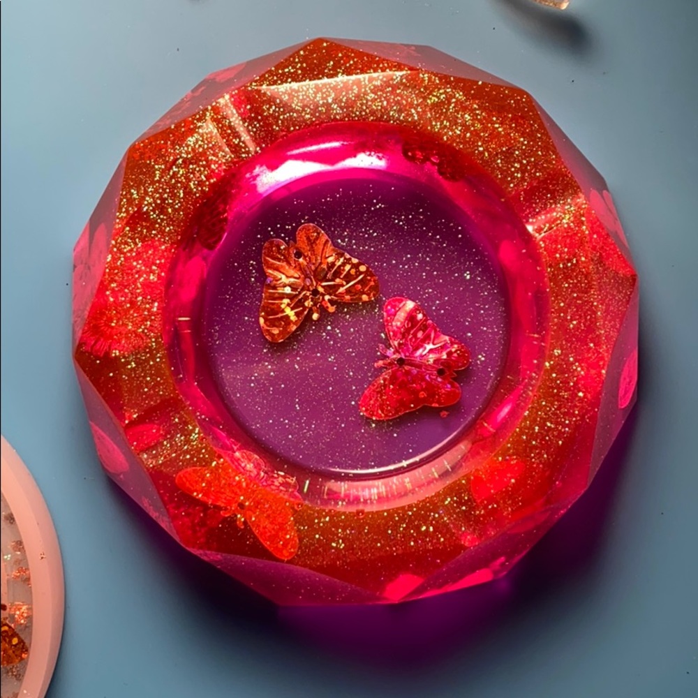 Coral clear ashtray with flowers and butterflies